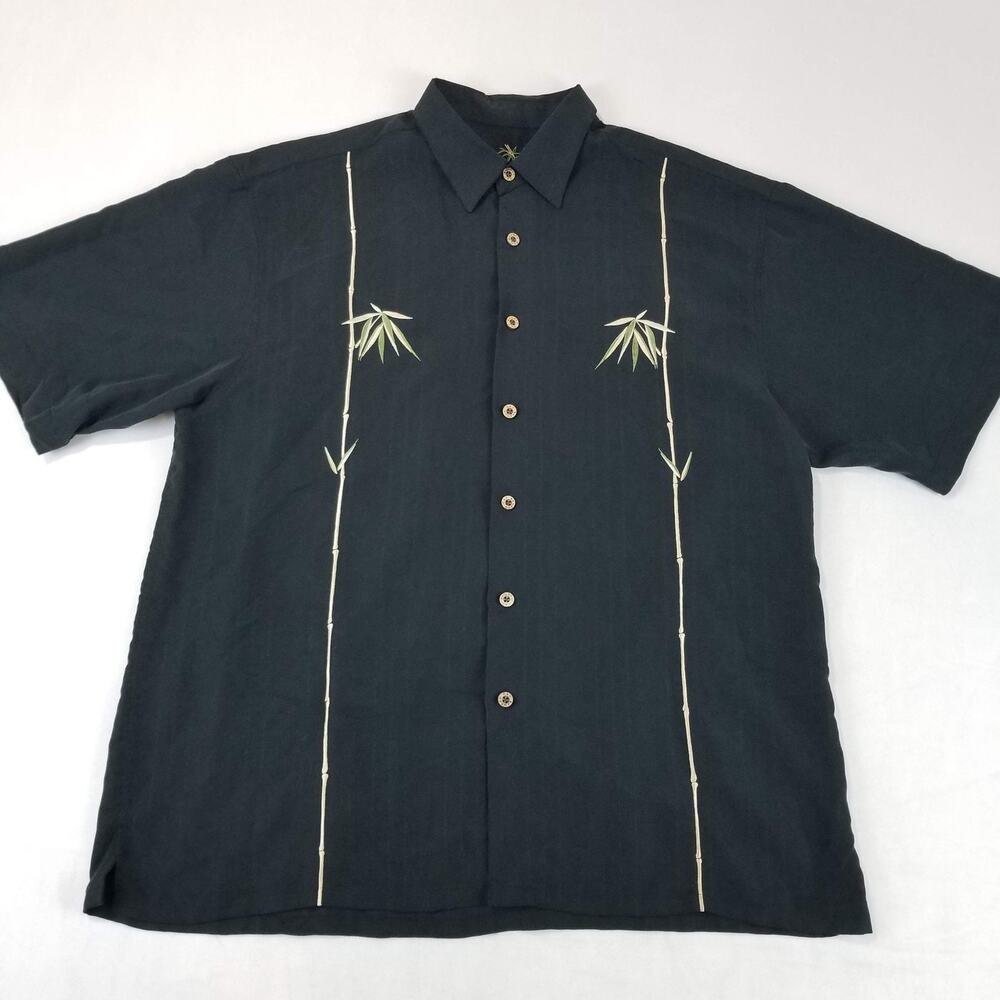 Bamboo Cay Shirt Mens Large Black Embroidered Bamboo Modal Button Up Camp Casual